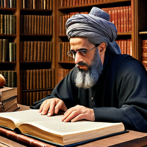 **A scholar deeply contemplating philosophical texts, surrounded by books and scrolls, searching for enlightenment.** (Focuses on Al-Ghazali's epistemological explorations).