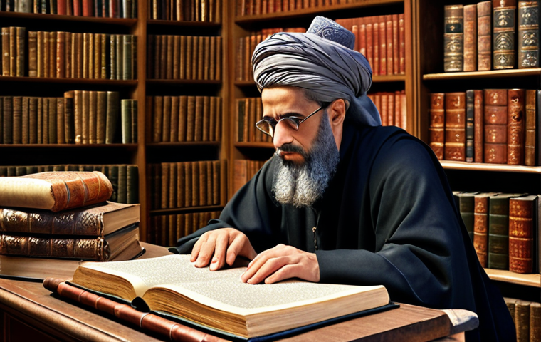 **A scholar deeply contemplating philosophical texts, surrounded by books and scrolls, searching for enlightenment.** (Focuses on Al-Ghazali's epistemological explorations).